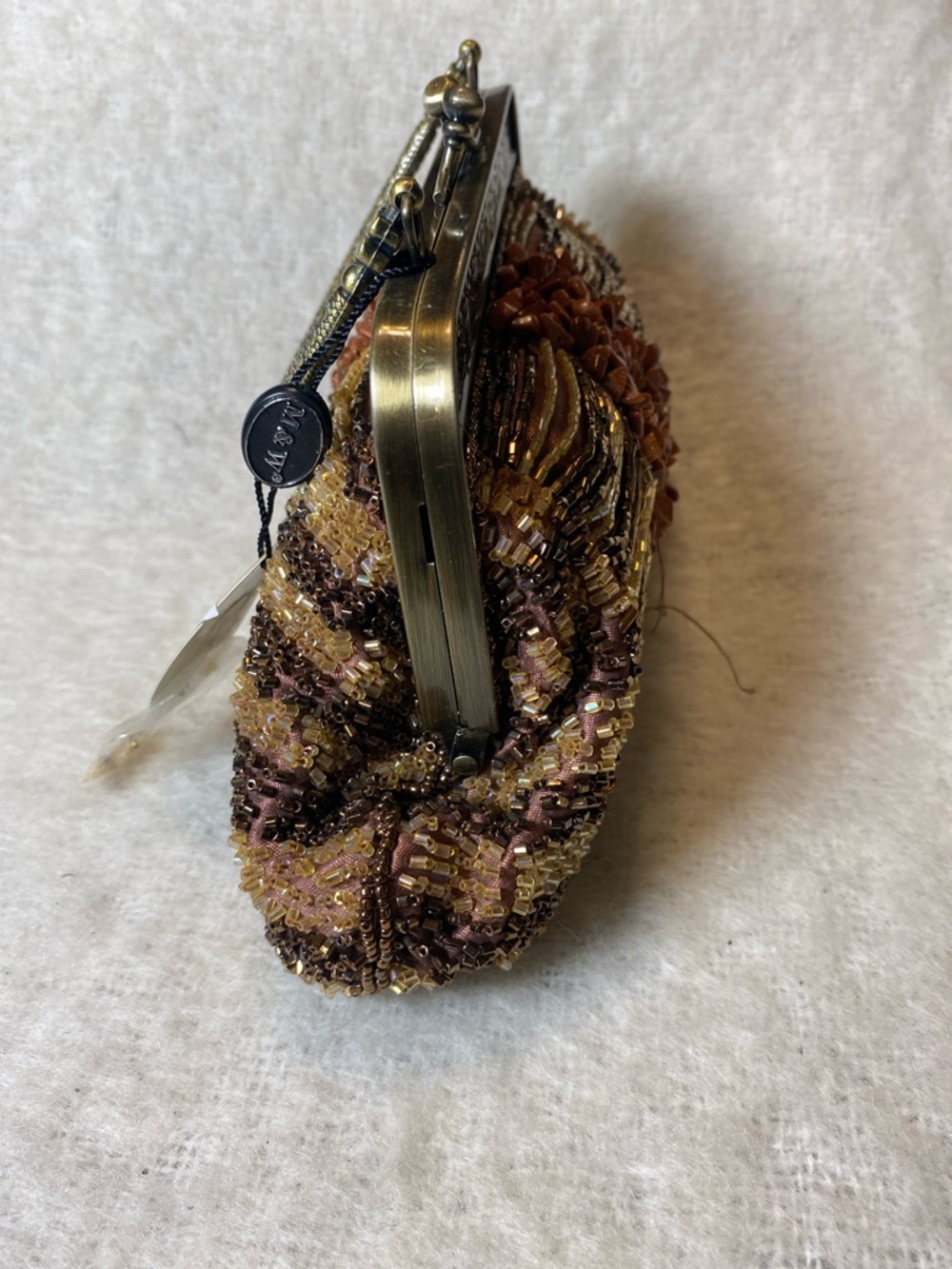 Beaded Brown Evening Clutch with Stone Center and Ornate Frame - Picture 3 of 8